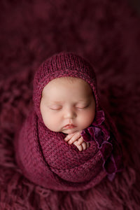 Baby newborn knitted wrap, bonnet, chunky layer, tieback bundle, velvet, berry pink, made to order