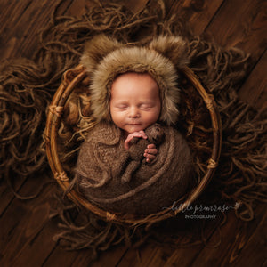 Baby newborn bear bonnet and wrap set, brown, faux fur, ears,  made to order