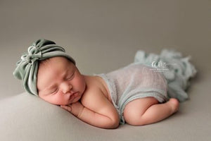 Baby turban hat, velvet, newborn, sage green, bow, RTS