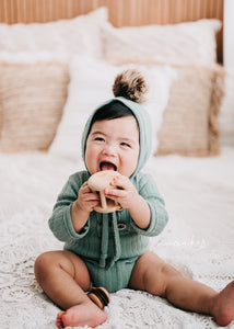 6-12 size romper and bonnet, cream, fur pom pom, made to order