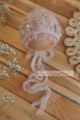 Baby newborn bonnet embroidered, blush pink, flowers, made to order