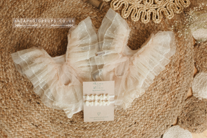Baby newborn girl romper and tieback creamy beige, frilly lace, boho, Made to order