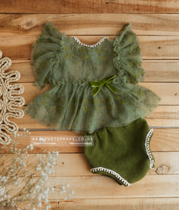 6-12 months size baby top/dress, nappy cover, lace, olive green, boho, lace, made to order