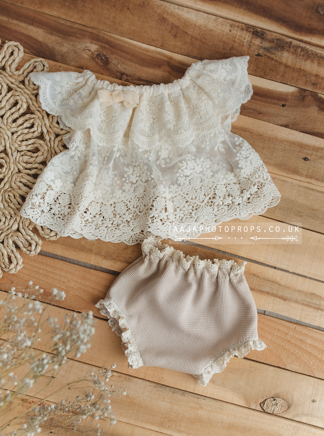 6-12 months size girl cream lace top dress and pants, vintage style, boho, RTS
