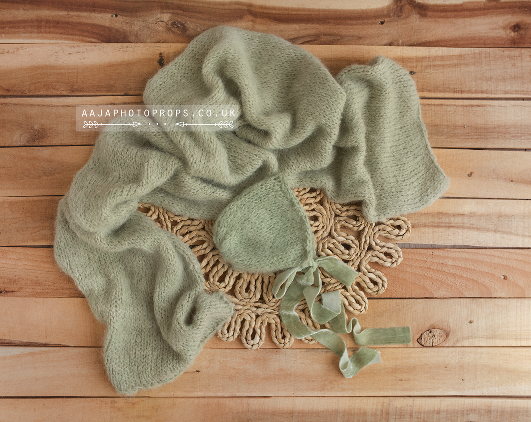 Baby newborn bonnet with velvet ties and wrap set, sage green, fluffy, RTS