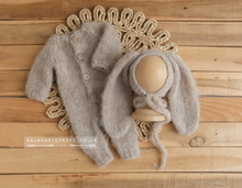 Baby newborn knitted pyjama romper and bunny bonnet, beige, made to order
