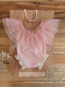 Baby newborn girl romper and tieback pink, frilly lace, boho, RTS