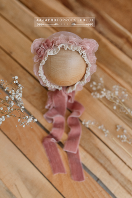Baby newborn bonnet, pink, boho, bear ears, vintage, velvet ties, made to order
