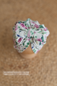 Baby turban hat, newborn, lilac, off white floral, RTS