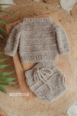 Knitted Baby newborn sweater and bloomers, dark oatmeal, made to order