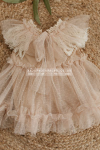 9-12 months size baby girl romper, tulle, boho, beige, bow, frilly, boho, made to order