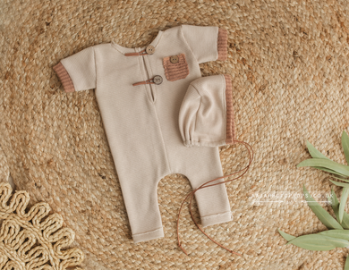 Baby bonnet and romper, Beige, pyjama, boho, RTS