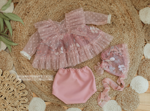 9-12 months size baby top/dress, nappy cover, bonnet, pink, boho, RTS