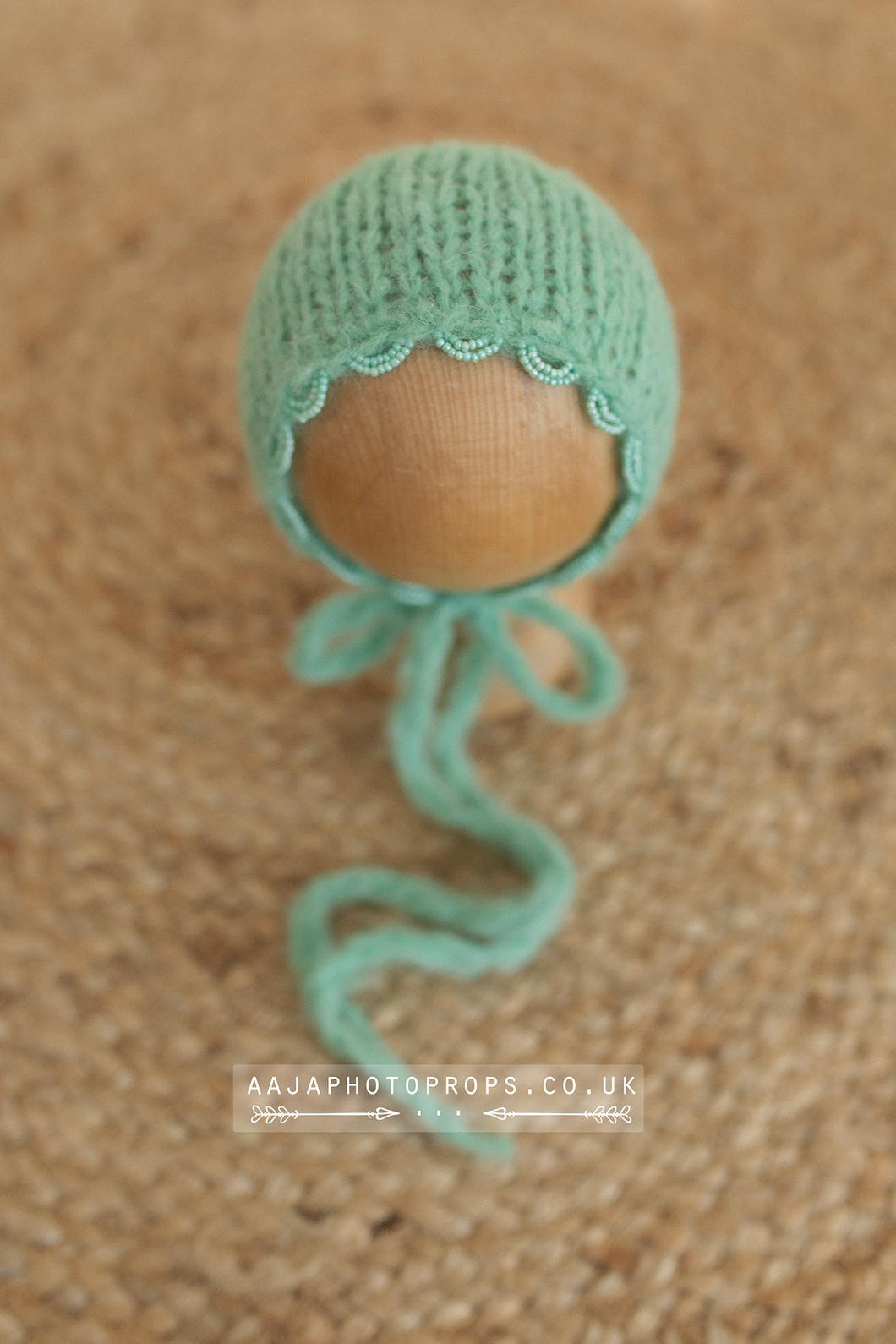 Knitted Baby newborn bonnet, mint green beaded edge, RTS