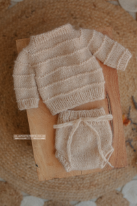 Knitted Baby newborn sweater and bloomers, beige, RTS