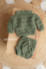 Load image into Gallery viewer, Knitted Baby newborn sweater and bloomers, old green, made to order