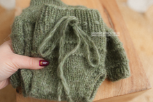 Load image into Gallery viewer, Knitted Baby newborn sweater and bloomers, old green, made to order