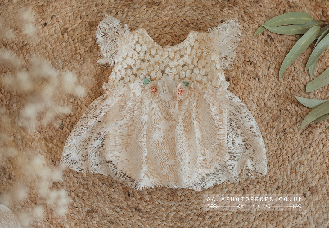 3-6 months size romper, cream, frilly, flowers, tulle, boho, RTS