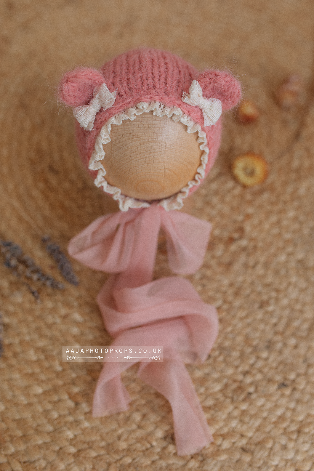 Salmon pink baby newborn bear bonnet, With lace, RTS