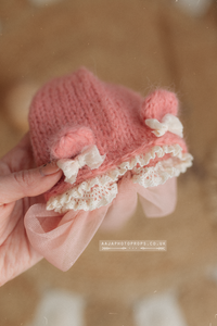 Salmon pink baby newborn bear bonnet, With lace, RTS