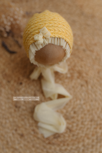 Baby girl newborn bonnet, yellow, vintage, boho, RTS