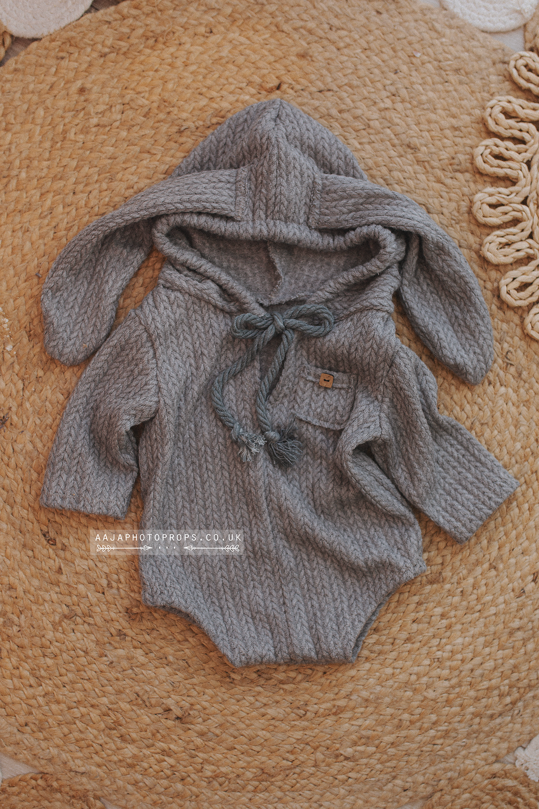 Vintage style hooded bunny romper, 9-12 months size, grey, RTS