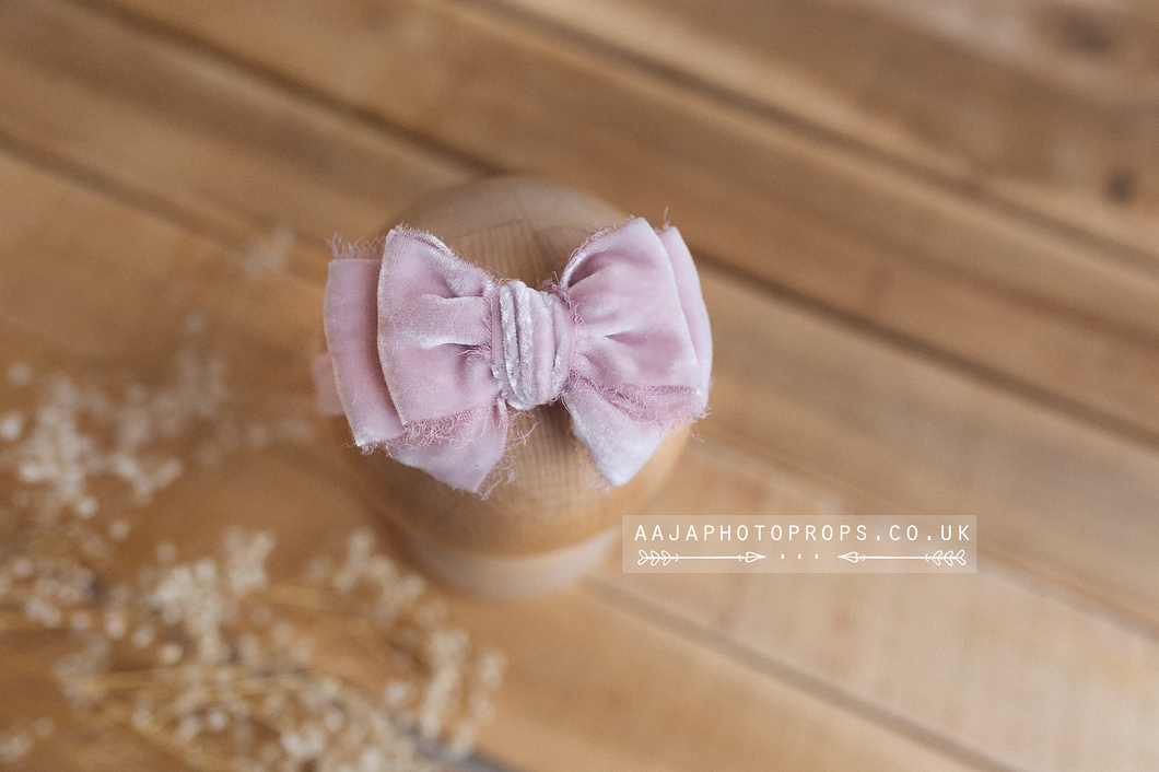 Baby newborn girl velvet bow tieback pastel rose pink, plush, soft, RTS