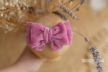 Baby newborn girl velvet bow tieback, double, pink lilac, soft, RTS