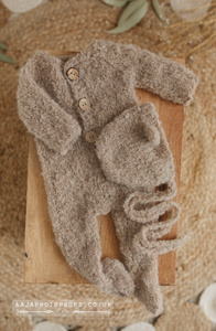 Baby newborn knitted romper and bear bonnet, beige, made to order