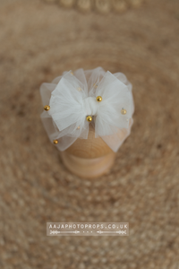 Baby turban hat, newborn, off white, gold beads, bow, RTS