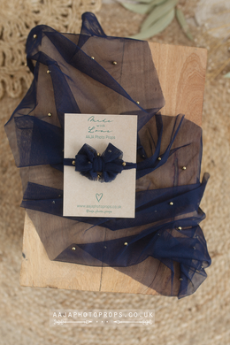 Baby newborn gold beaded layer and bow tieback, navy blue, Christmas, RTS