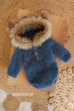 Newborn eskimo bear romper, fur hood, winter, made to order