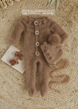 Baby newborn footed romper, bonnet, tieback set, Brown, velvet, made to order
