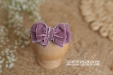 Baby newborn girl velvet bow tieback, double, lilac purple, soft, RTS