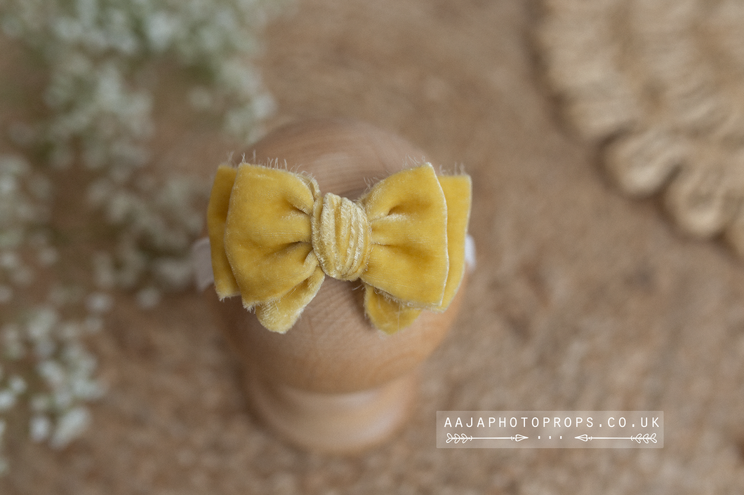 Baby newborn girl velvet bow tieback, double, yellow, soft, RTS