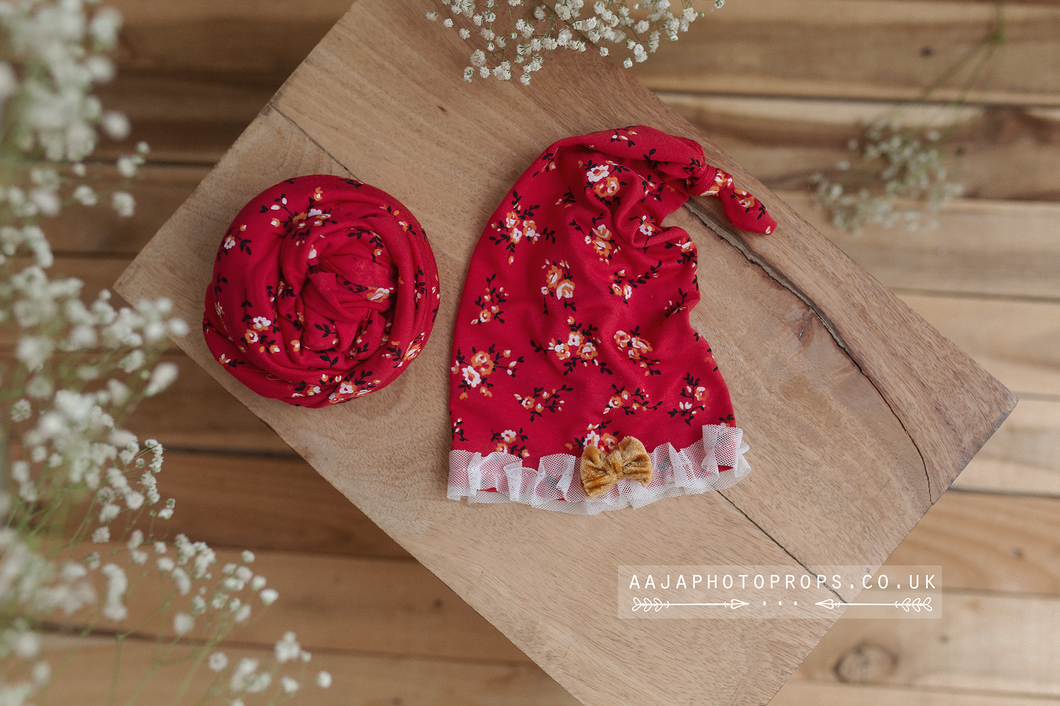 Baby newborn girl sleepy hat and jersey wrap, knot, red, flowers, RTS