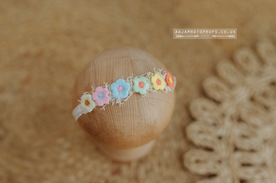 Baby newborn girl tieback with pastel flowers, daisies, pink, rainbow, boho, RTS