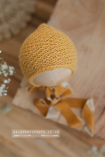 Baby newborn mustard yellow bonnet with velvet ties, RTS