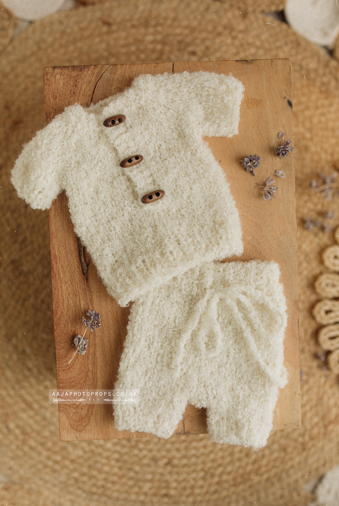 Knitted Baby newborn short sleeve top and shorts, Creamy off white, RTS