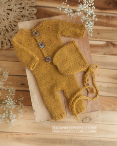 Baby newborn knitted romper and bonnet, mustard yellow, RTS