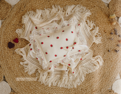 Boho layer, pillow, tieback set, cream, strawberries, red, tassels, lace, RTS