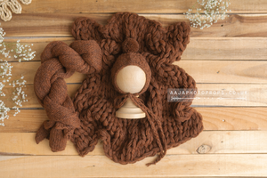 Baby newborn knitted Long wrap, bonnet and layer set, Rust brown, RTS