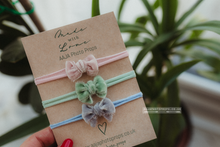 Baby girl small mini velvet bow tiebacks set of 3, pink, green, blue, RTS