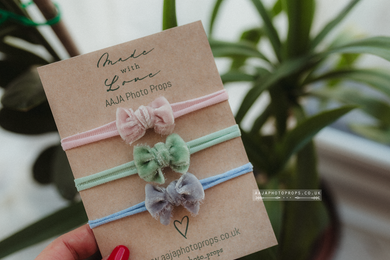 Baby girl small mini velvet bow tiebacks set of 3, pink, green, blue, RTS