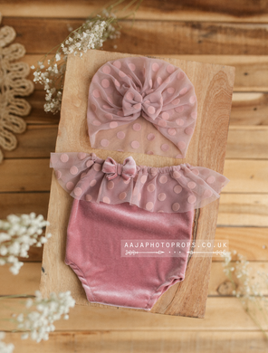 Newborn turban hat and romper set, velvet, dusty pink, bows, RTS