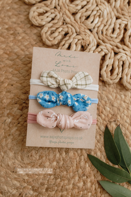 Baby newborn girl bow tiebacks set of 3, blue, green, pink, RTS