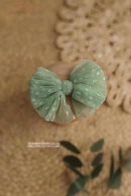 Baby newborn sitter girl bow tieback, tulle, sage green,  RTS