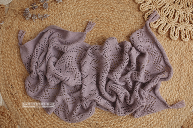 Dusty lilac vintage style knitted lace layer blanket, boho, newborn, RTS