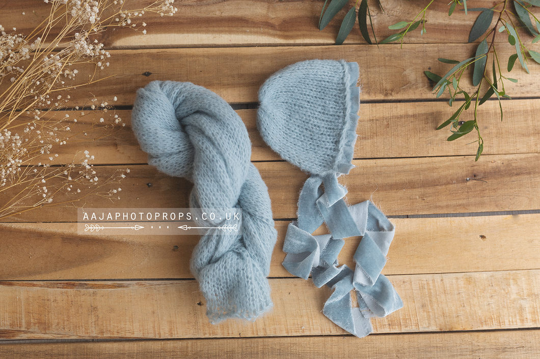 Baby newborn wrap and bonnet set, Pastel blue, velvet, made to order