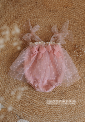 Baby 6-12 months size Blush light pink romper, heart tulle, boho, made to order